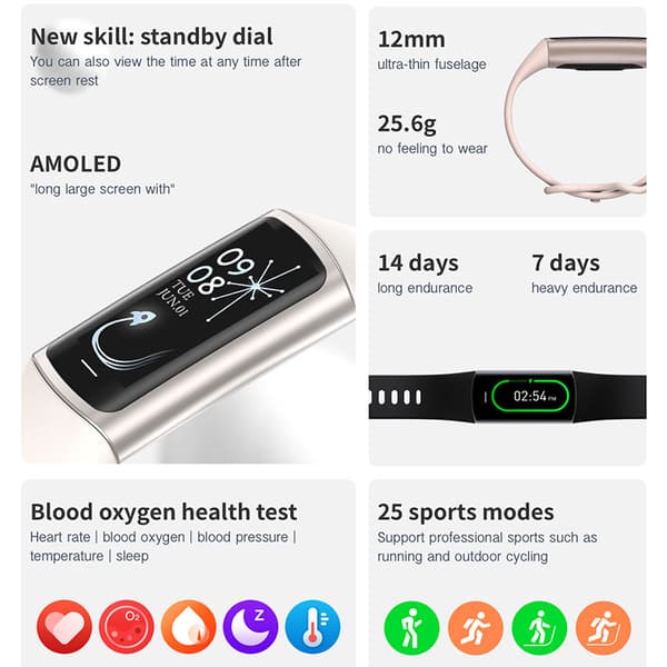 Smartklokke C68, 1.1\" Amoled-skjerm, hjertefrekvens- og søvnmonitor, 25 sportsmoduser (Gull)