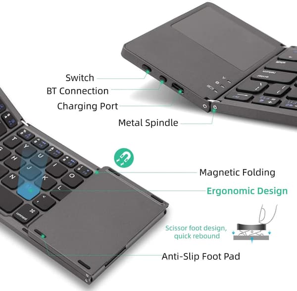 Vikbart tangentbord B033 PLUS, med pekplatta, uppladdningsbart 63 tangenter (silver)