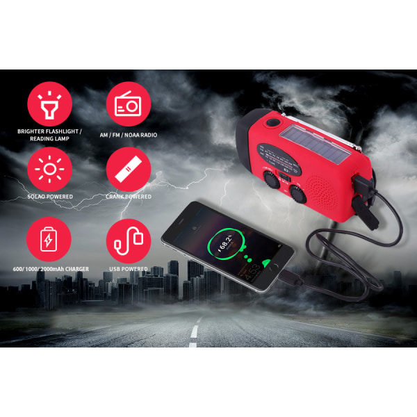Allt-i-ett Solar Handvev Generator Radio Ficklampa Mobiltelefon Laddning Nödläge red