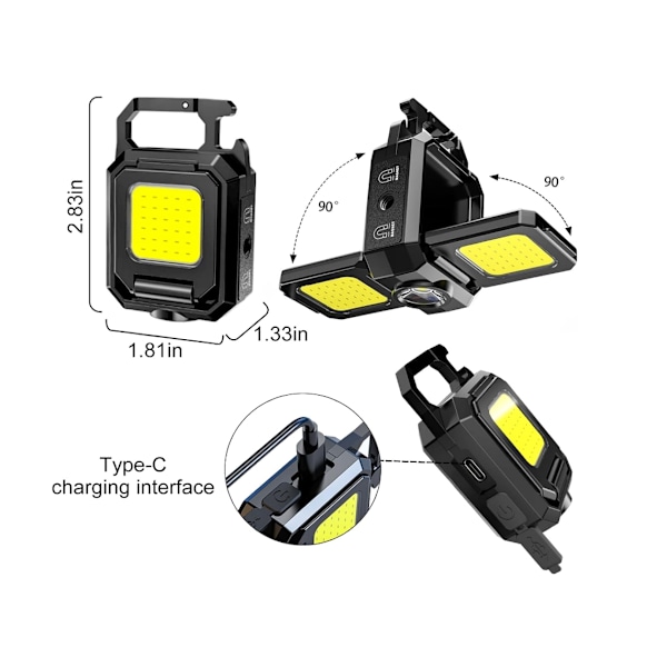 Enhance 2 stk. COB nøglering arbejdslampe 5 tilstande 90° foldbar lampe 1000 lumen genopladelig mini lommelygte med magnet