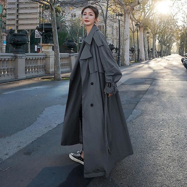 Trenchcoat för kvinnor Lös oversize lång jacka Dubbelknäppt bälte Dammantel Grå vindjacka M Gray