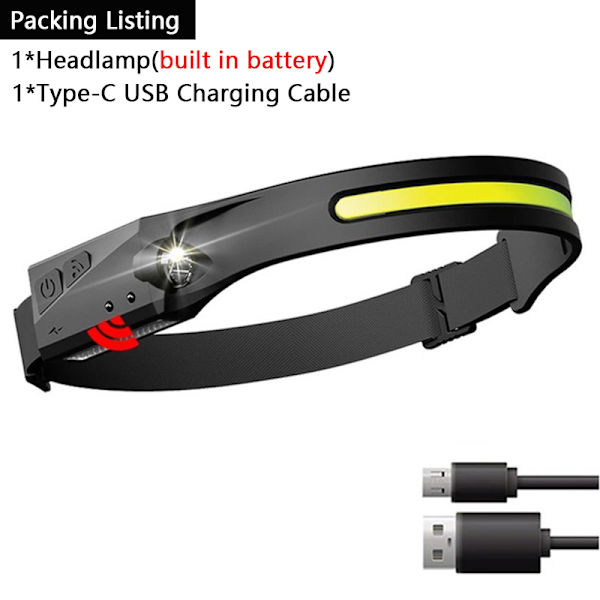 Induktiootsakelamppu COB LED-otsakelamppu sisäänrakennetulla paristolla ajovalon taskulamppu USB ladattava taskulamppu black