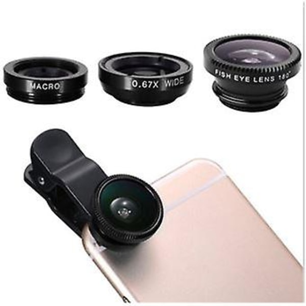 3 i 1 clip-on lins för universal makro fisheye vidvinkel avtagbar metallväska
