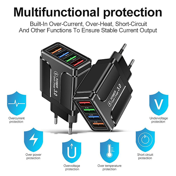 45W 4 USB Hurtiglader USB 3.0 Mobiltelefonlader Standard Adapter Telefonlading Hode-EU-plugg
