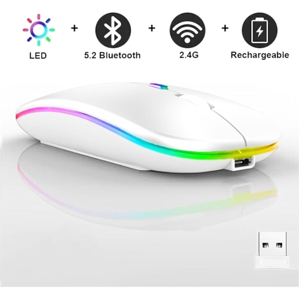 Led Dual Mode Genopladelig Lydløs Ultratynd Laptop Mus Med Bt5.2 Usb Modtager (2 stk. Hvid)