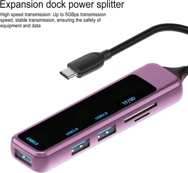 Sovitin - USB C -keskitin, moniporttinen, 5-in-1 USB Type-C - USB TF/SD (violetti)