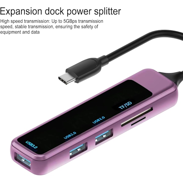Usb C Hub Multiporttisovitin, 5 in 1 Usb Type-C - Usb Tf/Sd, Violetti