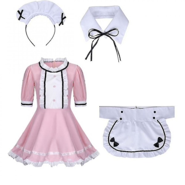 2021 Lolita Maid Kostymer Fransk Maid Dress Flickor Kvinna Amine Cosplay Kostym Servitris Maid Party Scen Kostymer Set 4XL pink