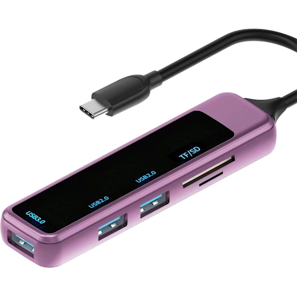 USB C Hub Multiport Adapter, 5-i-1 USB Type-C til USB TF/SD, Lilla