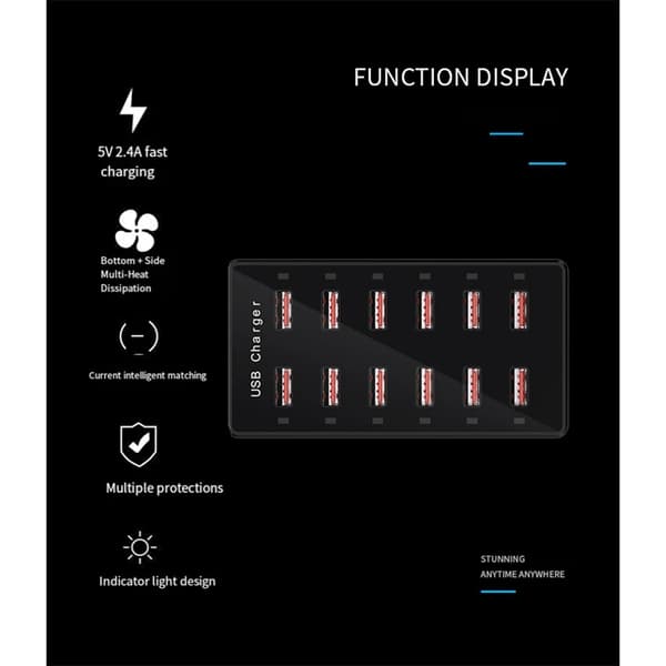 USB-ladestation 12-porte, med 10 datakabler, Hub Abs (til Android)