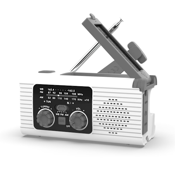 AM/FM/NOAA Soldriven Vevradio 2000mAh med Belysning och SOS-larm (vit)