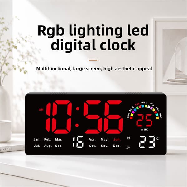 LED Digitalur med farverig RGB-ugedag, ugenummer og temperatur White