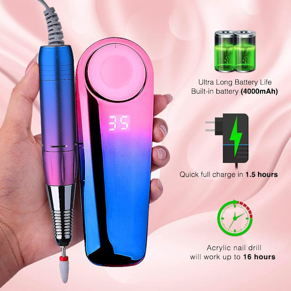 Professionell Portabel Elektrisk Nagelfil - 35000 RPM Akryl Nagelkit, (Gradient Blå)