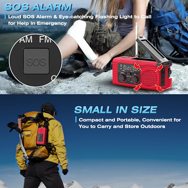AM/FM/NOAA Aurinkovoimalla Toimiva Käsikammen Sääradio 2000mAh Valolla ja SOS-Hälytyksellä (punainen)