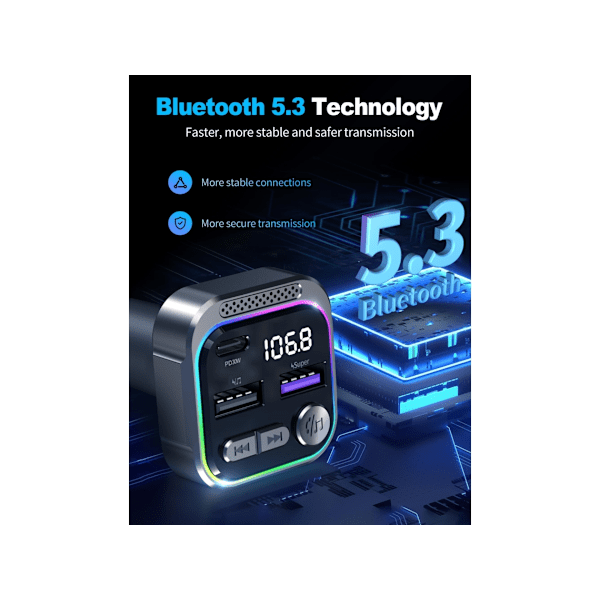 Bluetooth 5.3 FM-sender til bil med PD30W, håndfri opkald og understøttelse af U-disk - .