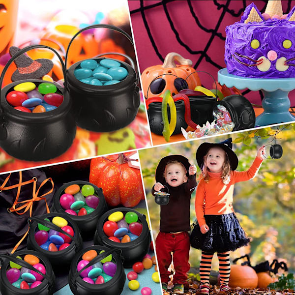Halloween-koristesetti 6 noidan tarjoiluastiaan telineellä, mustat muoviset karkkiastiat