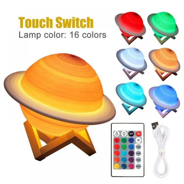 3d Print Dekor Saturn Lampa Med Trä Ställ Hängande Net Nursery Led Nattljus 13cm