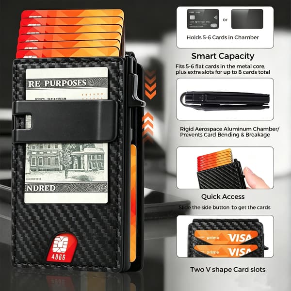 Rfid Blokerende Kulfiber Pop-Up Kortholder, Med Pengeclips & ID-Vindue Black