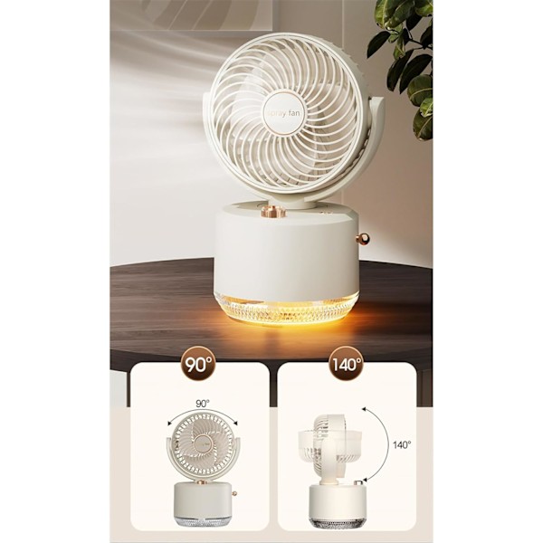 Bordventilator - 3-Hastigheds Luftcirkulationsventilator, 22Db Lav Støj, 90° Rotation Med Luftfugter (Hvid)