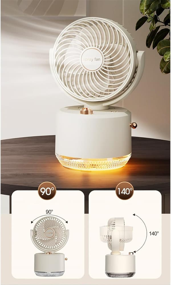 Bordventilator - 3-trins luftcirkulationsventilator, 22Db lav støj, 90° rotation med luftfugter (hvid)
