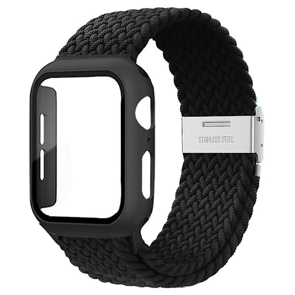Flätad Solo Loop För Apple Watch Band 44mm 40mm 45mm 41mm 42mm 38mm Case+rem Nylon Elastiskt armband Iwatch Serie 3 5 6 Se 7 8 41mm series 7 8 Black