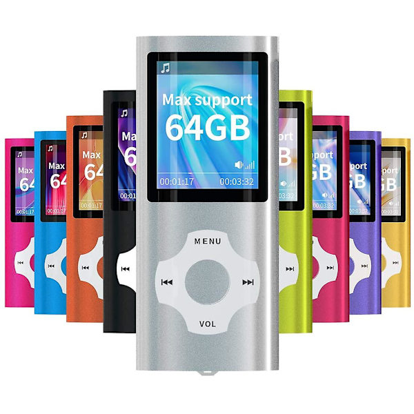 Mp3-spelare/Mp4-spelare med 64gb/32gb/16gb minne SD-kort Smal klassisk digital LCD-skärm 1,82 tums skärm Mini USB port med FM-radio, röst silver 16GB