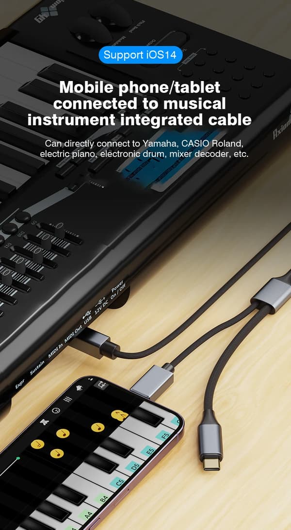 Adaptrar 2-i-1 Typ-C, Lightning till USB-B MIDI Instrument/Skrivarkabel (Vit)