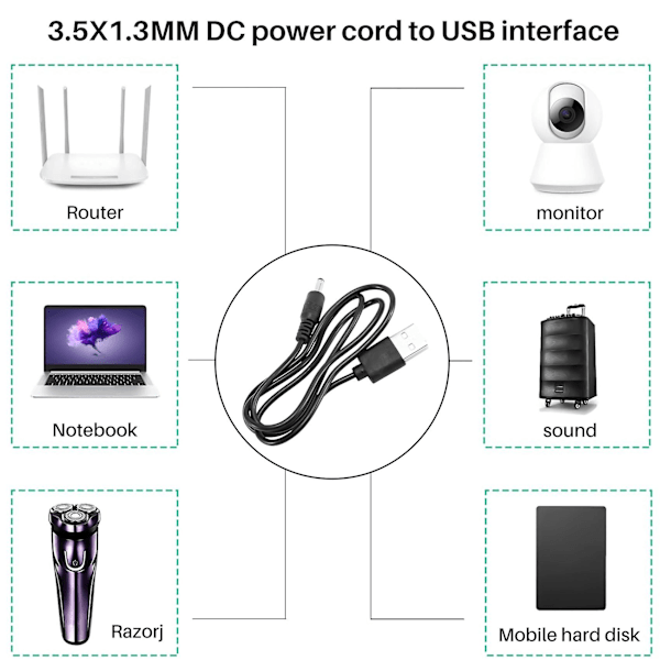 3,5 mm x 1,3 mm svart USB-kabel laddningskabel sladd strömkabel