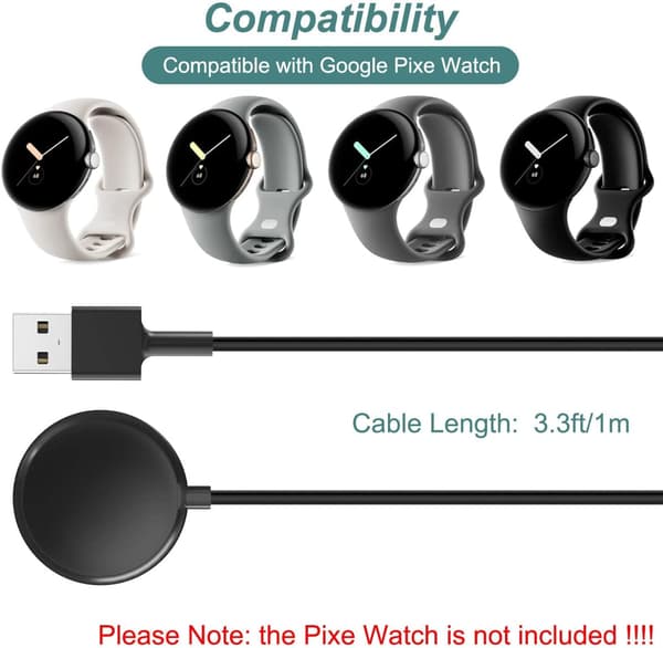 Laddare för Google Pixel Watch, 1m sladd (kompatibel) White USB-A