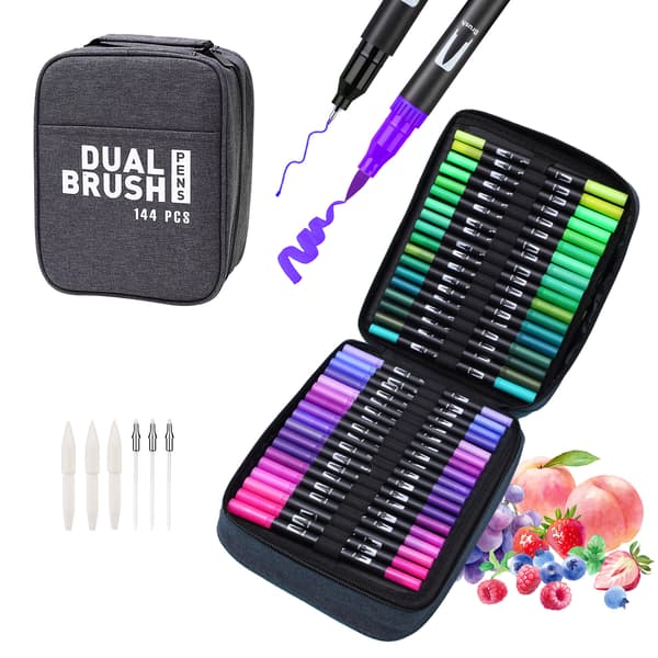 Sett med 144 Dual Tip Brush Marker Penner med etui