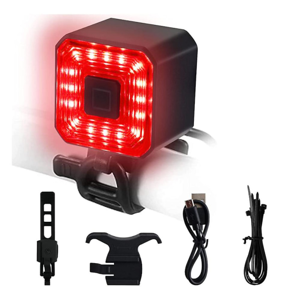 Auto - Bremsefølende cykellys bag - USB genopladelig cykel LED-lys Vandtæt cykelbaglygte med lang batterilevetid og 6 lystilstand (sort)