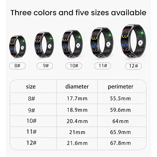 Smart Ring R12 (Jring), Sort Med Pulsmåler, Blodilt, Søvnovervågning (8#)