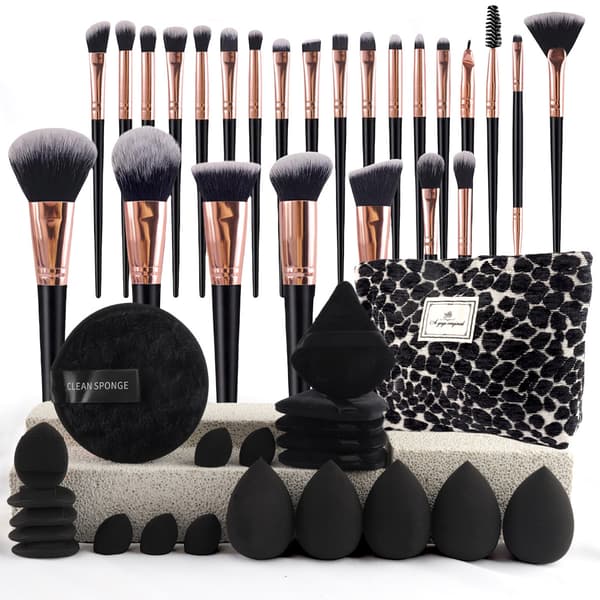 Makeupbørstesæt Leopard Sort Opbevaringstaske (47 Pak Sæt)