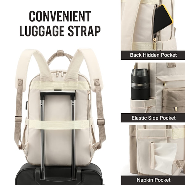 Laptopryggsäck för kvinnor 15 tum, med USB-port, vattentät rese ryggsäck beige
