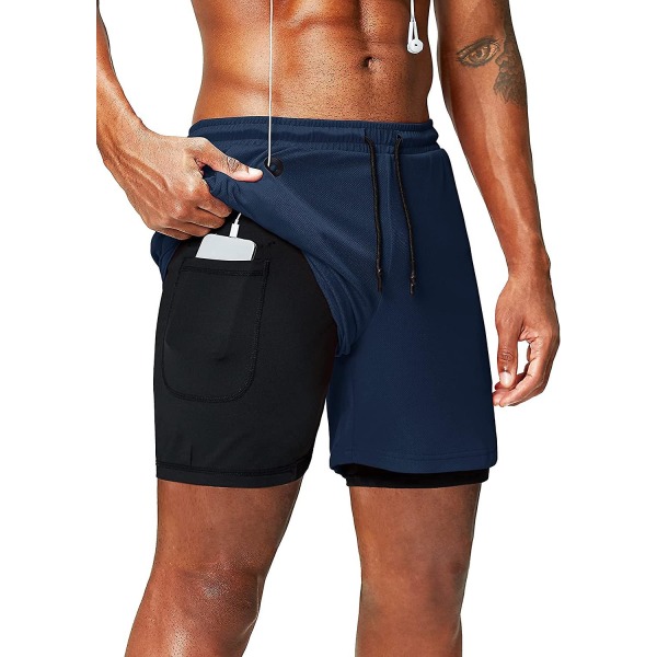 2 i 1 løbeshorts med telefonlomme Gym Workout Quick Dry Herreshorts 5 tommer Navy Blue X-Large