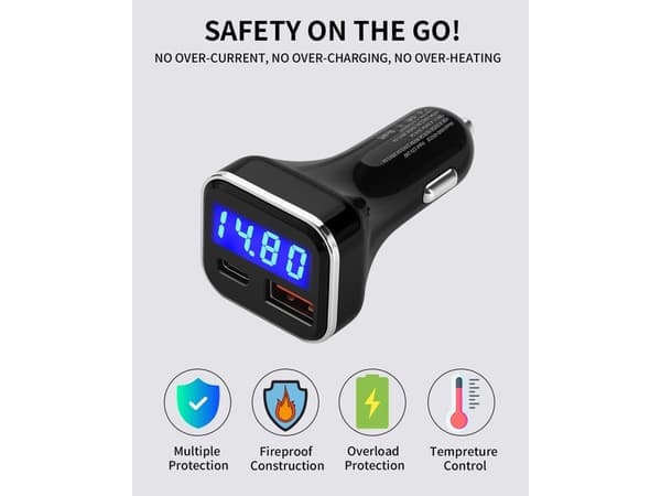 30W Hurtiglading USB-C Billader Adapter, Spenningsdisplay, PD & QC, Voltmeter (Svart)