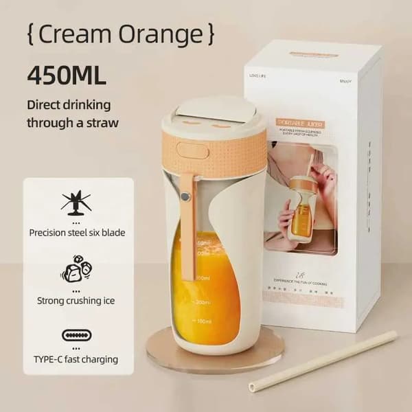 Blender, 6-blad med sugrör, USB-uppladdningsbar, 450 ml (Orange)