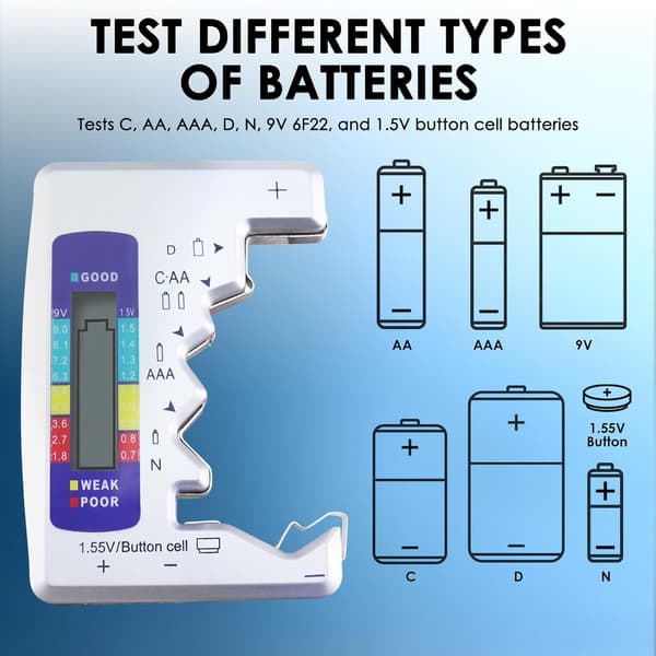 Universal batteritester med LCD-skærm til alle C AA AAA D N 9V 6F22 1,5V batterier (sølv) Silver