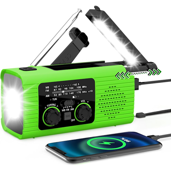 Am/Fm/Noaa Soldriven Vevradio 2000Mah Med Belysning Och Sos-Larm (Grön)