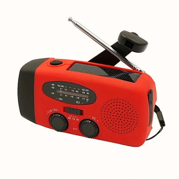 Käsikäyttöinen radio, itse tuotettu hätävalaistus (punainen)