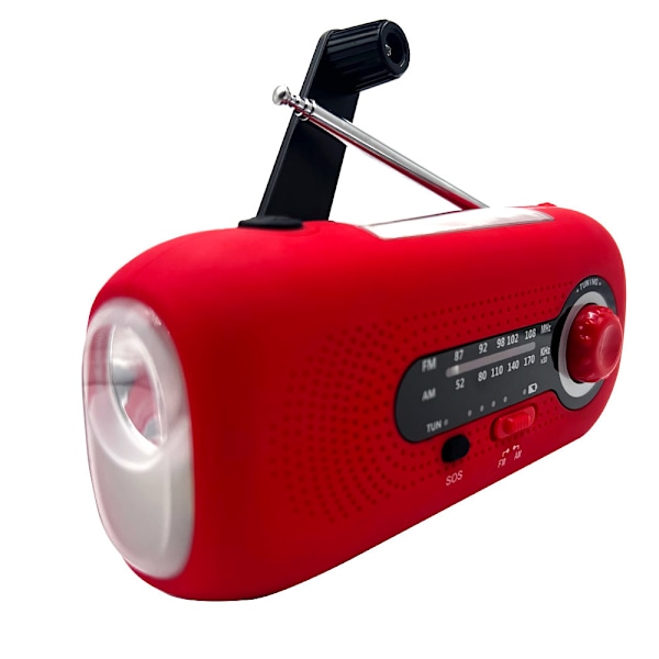 Nödradio med 2000mAh, Solcellsdriven AM/FM-radio med handvev (röd)