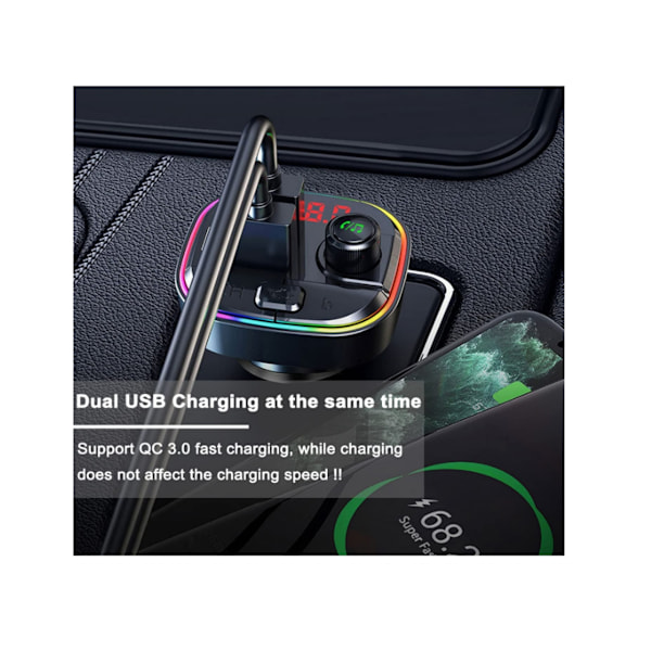 Bluetooth 5.0 FM-sändare för bil, 7+1 Färgers RGB-bakgrundsbelysning Bluetooth Biladapter, Laddare
