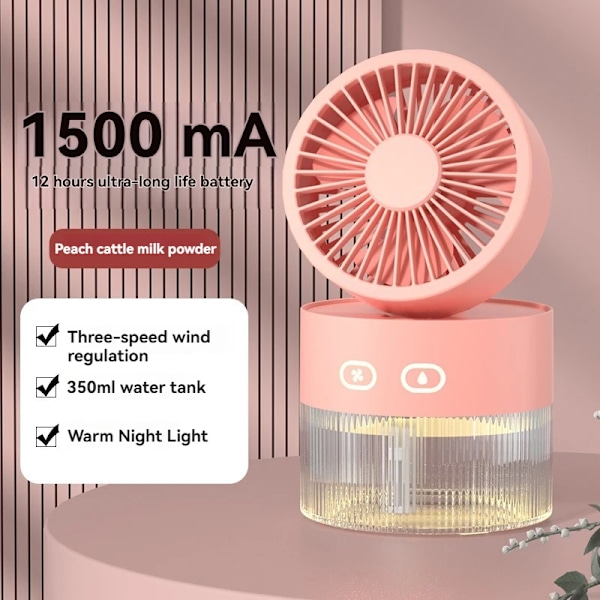 Bordventilator - Mist Køleventilator - Med luftfugter, 3-hastigheds støjsvag (Pink)