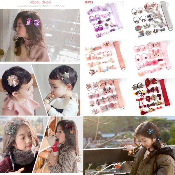 18 Pcs hair clip set Cute Hair Accessories Girl cartoon hair clip headwear Bow Flower animal Hairpin hair ring Elastic Headdress A