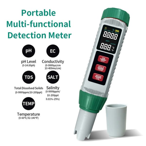 5-i-1 pH/TDS/EC/Salinitet/Termometer, Høypresisjons pH-måler (± 0,01)