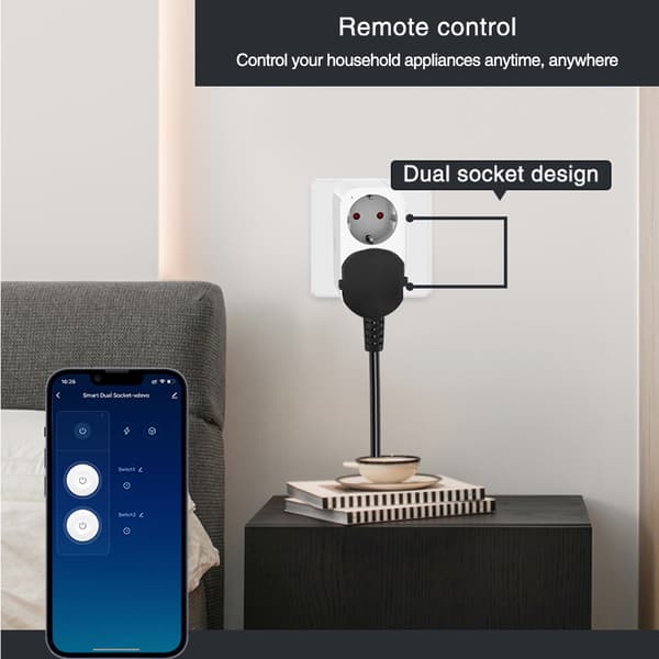 Smart dobbelkontakt, 16A Wifi-plugg med stemmestyring, kompatibel med Zigbee/Blemesh/Ty-app