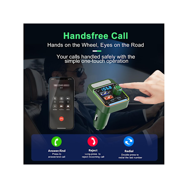 Bluetooth Bilradio Adapter Oplader: Trådløs FM Transmitter Håndfri Opkald Grøn