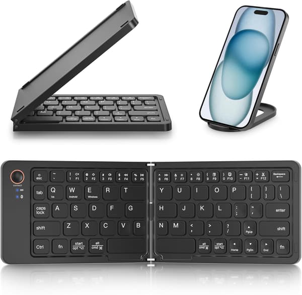 Sammenfoldeligt tastatur i fuld størrelse (synkroniser op til 3 enheder), til Android Windows iOS (sort)