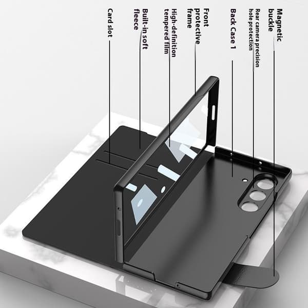 Etui til Samsung Galaxy Z Fold7, læder og glas flip med pen Marble A