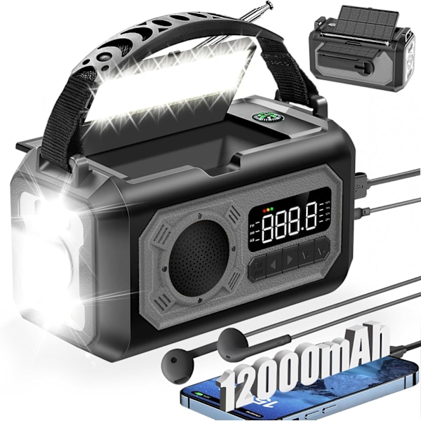 Solradio, 12000Mah Handvev Am/Fm Nödradio, Med Sos, Ficklampa, Kompass (Grå)